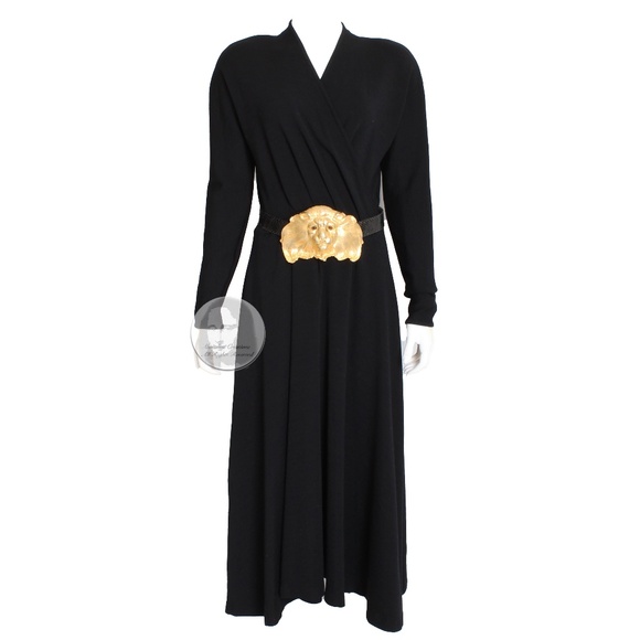 Vintage Black Wool Dress 80s Big Shoulders Cinched Waist Flowing Skirt LBD M/L - Picture 4 of 7